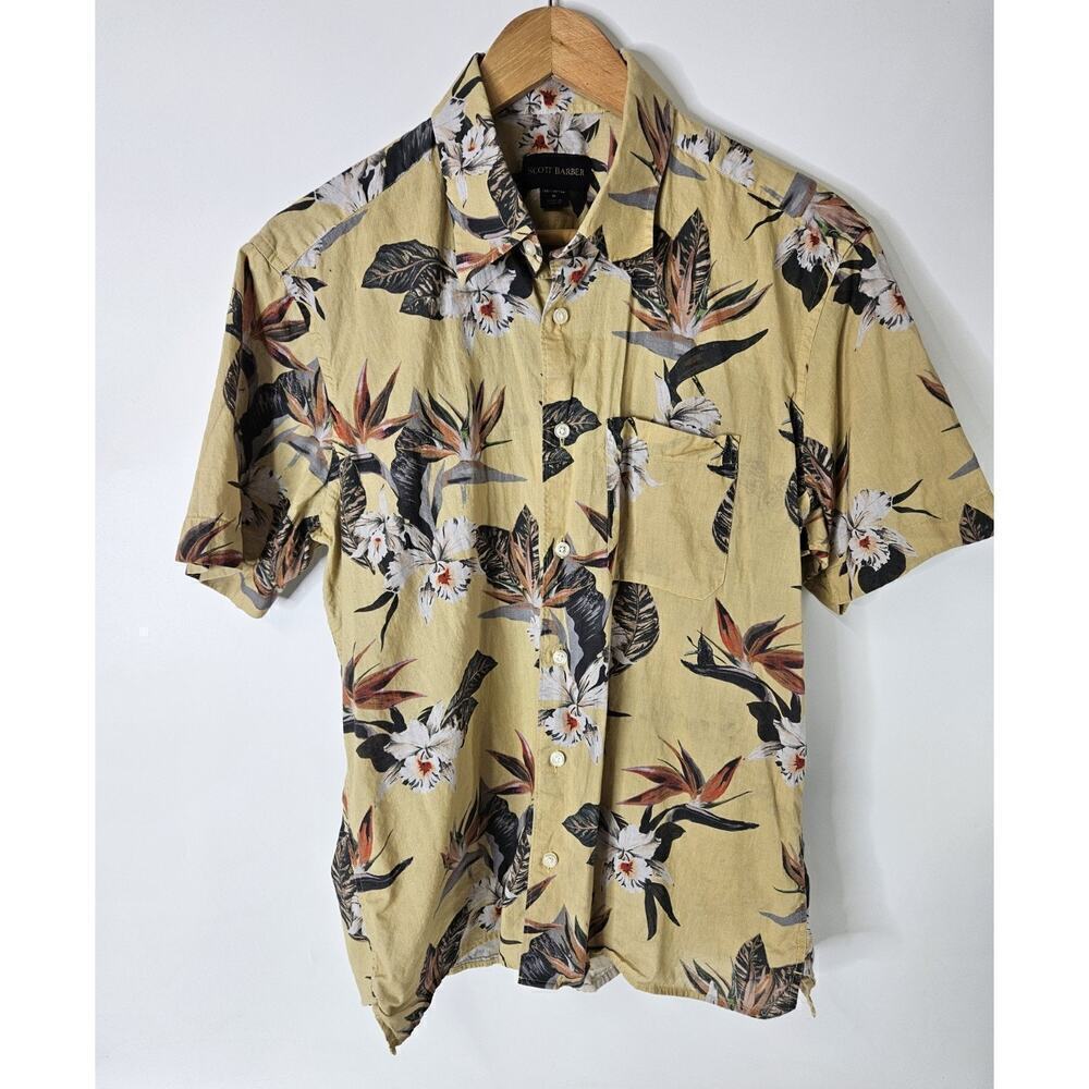 SCOTT BARBER Floral Casual Button Shirt Men's M Floral Print Yellow Hawaiian